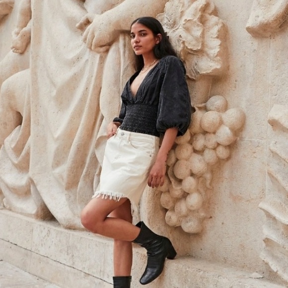 Free People Pamela Denim Blouse Black Acid Wash - Picture 3 of 5